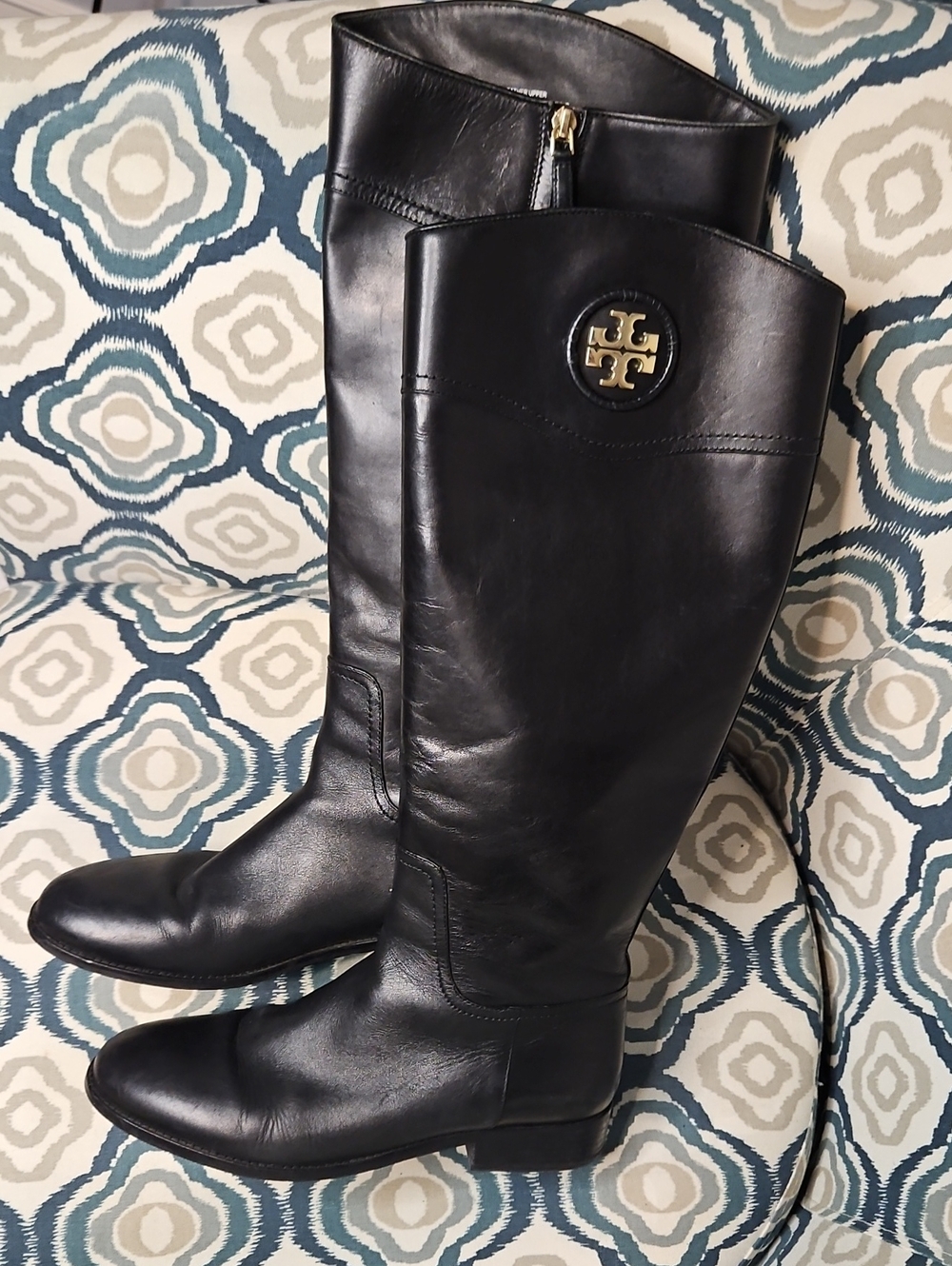 Tory Burch Black Leather Riding Boots with Gold Logo